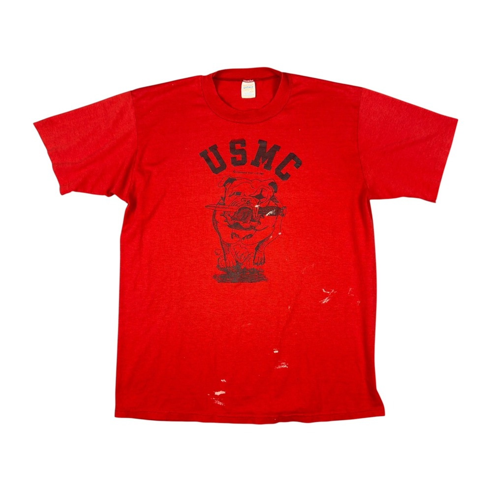 Vtg 1980 USMC Bulldog Tee Mens Large Red Single Stitch Marine Corps Graphic